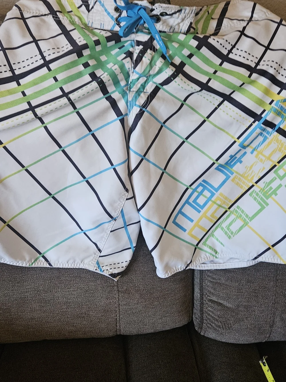 White Plaid Swim Trunks with Green & Blue Accents